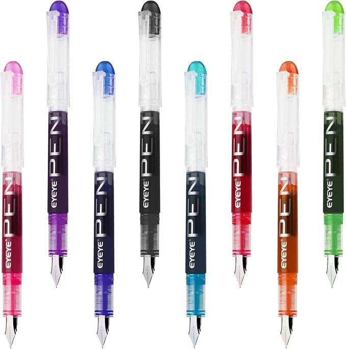 EYEYE Disposable Fountain Pens, 8 Pack Multicolor Fine Point Fountain Pens for Writing, Stainless Steel Nib, Smooth Writing for Calligraphy, Journaling, Drafting, Sketching, Doodling & Gifts
