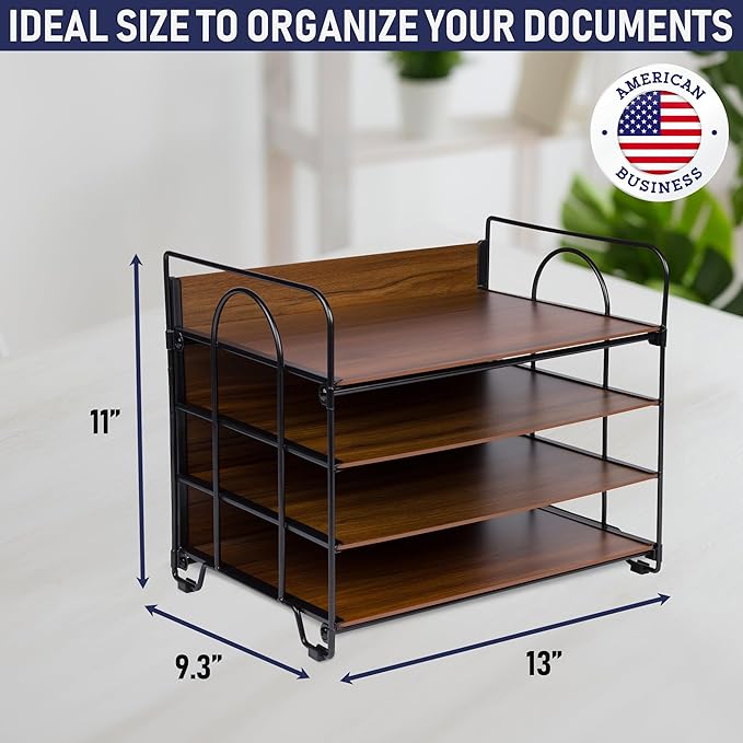 4-Tier Office Organizer, Desk File Organizer with Wood Patterned Shelves, Office Supplies Desktop Organization for Storage of Paper, Bills, Letters, Multi-Functional Desk Organization and Accessories