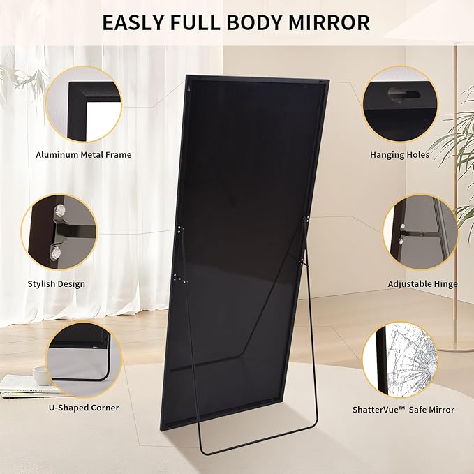 34"x76" Full Length Mirror with Stand, Large Rectangular Floor Mirror for Bedroom, Living Room or Closet, Wall-Mounted or Freestanding, Black Aluminum Alloy Frame