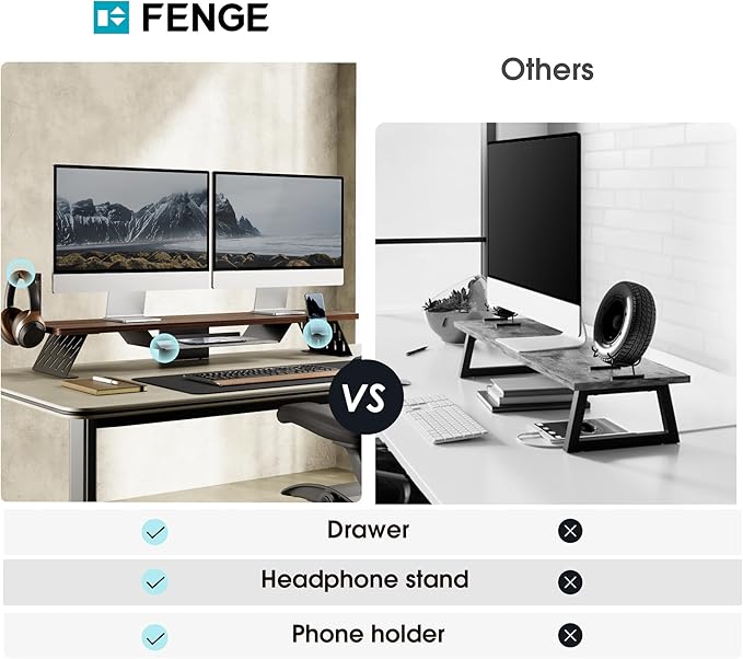Fenge Dual Monitor Stand, 42.5 Inch Monitor Riser for Desk, Wood Desk Shelf for 2 Monitors, 2 Tier Monitor Shelf with Headphone Stand & Phone Holder