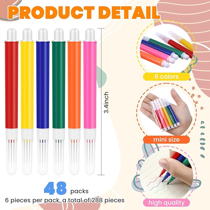 288 Pcs Mini Markers Colored Pen 3.4 Inch Vibrant Colors Portable Short Colored Markers Assorted Multicolor Watercolor Marker Pen for Kids and Adult Glass Office School Supplies (6 Colors)
