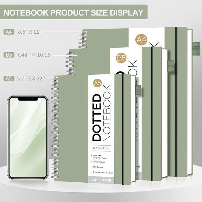 AHGXG Bullet Dotted Journal - Dot Grid Spiral Notebook B5, 140 Pages, 100 GSM Thick Paper, Waterproof Plastic Cover Journals for Bullet Journaling, Sketching, 7.6" x 10", Sage Green