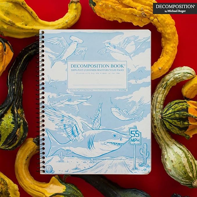 Decomposition Flying Sharks College Ruled Spiral Notebook - 9.75 x 7.5 Journal with 160 Lined Pages - 100% Recycled Paper - Notebooks for School Supplies, Home & Office - Made in USA