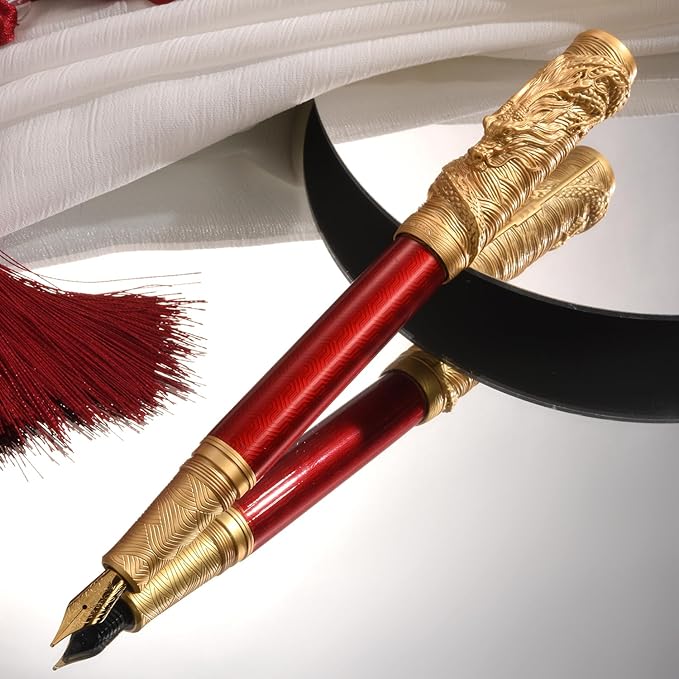 Hongdian A24 Fountain Pen Fine Nib, Bright Red & Golden Dragon Stereoscopic Carving Cap Design