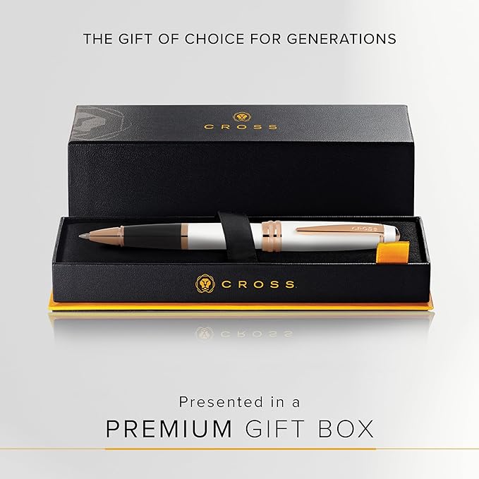 Cross Bailey Refillable Rollerball Pen Presented in a Premium Gift Box - Medium Point, Black Ink, White & Rose Gold
