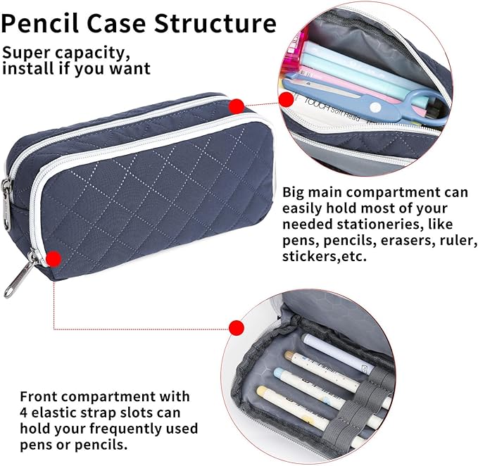 Della Gao Pencil Case Large Capacity Pencil Pouch Soft Quilted Pen Bag Office Stationery Organizer Sturdy Pencil Bag for Men Women - Dark Blue