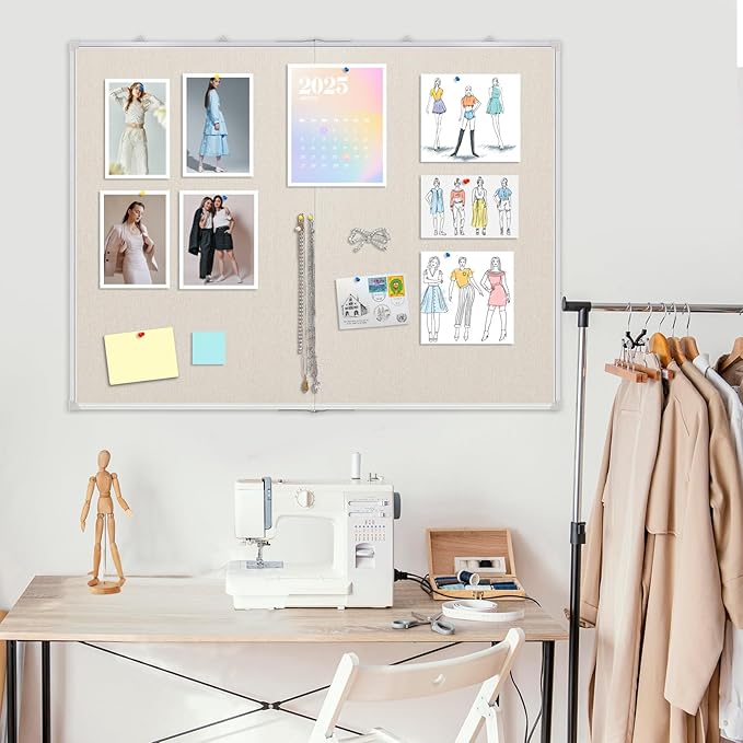 Double-Sided Large Cork Board with Linen, 48" x 36" Foldable Hanging Aluminum Framed Bulletin Board, Vision Board Pin Board Corkboards for Walls, Office, School Decor, 20 Pushpins