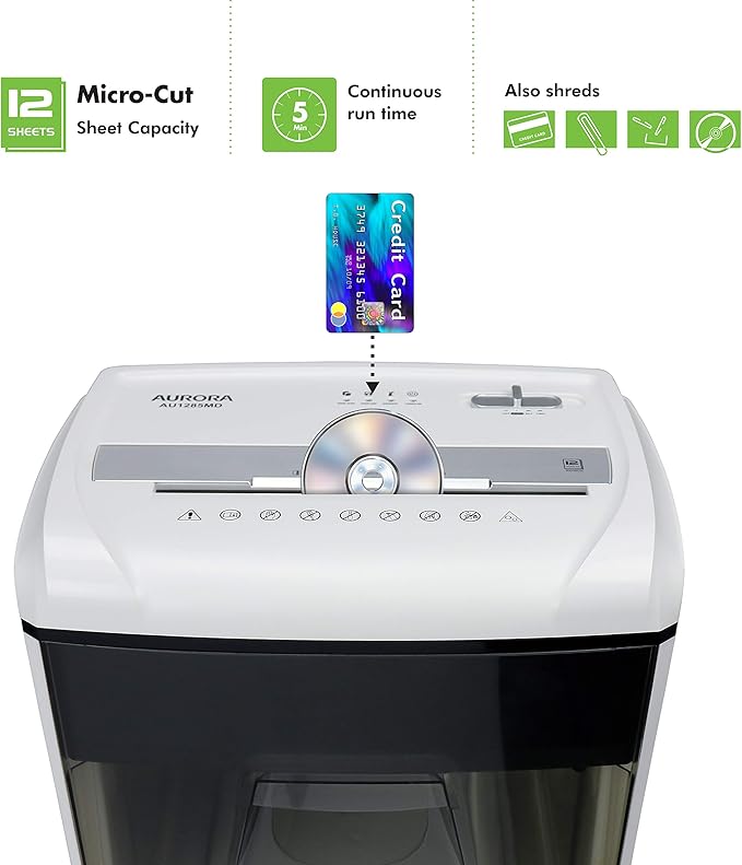 Aurora AU1285MD Compact Desktop-Style High Security 12-Sheet Micro-Cut Paper and CD/Credit Card/Junk Mail Pullout Basket Shredder, White/Black