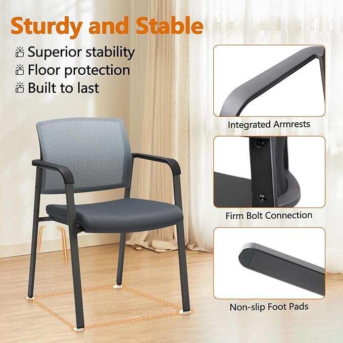 CLATINA Mesh Back Stacking Arm Chairs with Upholstered Fabric Seat and Ergonomic Lumbar Support for Office School Church Guest Reception Grey 2 Pack Set