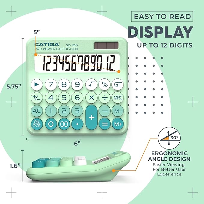 CATIGA Mechanical Switch Calculator with Solar and Battery Dual Power, 12-Digit Large LCD Display, Aesthetic and Cute Desktop Calculator with Big Button, for Home, School and Office Use, SD-1299