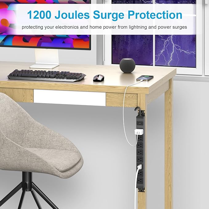 HHSOET Metal 360° Rotating Mountable Power Strip, 8 Outlet Gaming Table Mounted Outlet Strip, Heavy Duty Wall Mount Surge Protector with Switch, 15A 125V 1875W, 15ft Power Cord.(Black)