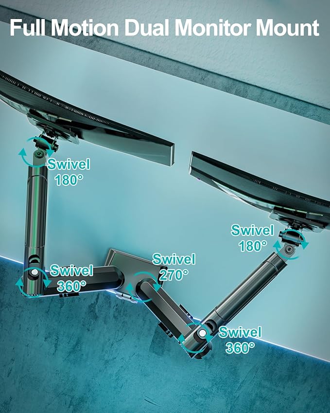 Dual Monitor Mount for 2 Monitors up to 32 inches, Height Adjustable Gas Spring Double Computer Stand, Two Display Desk Mount Holder, Each Monitor Arm Holds Max 22lbs, VESA Mount, Black, Freelift Pro