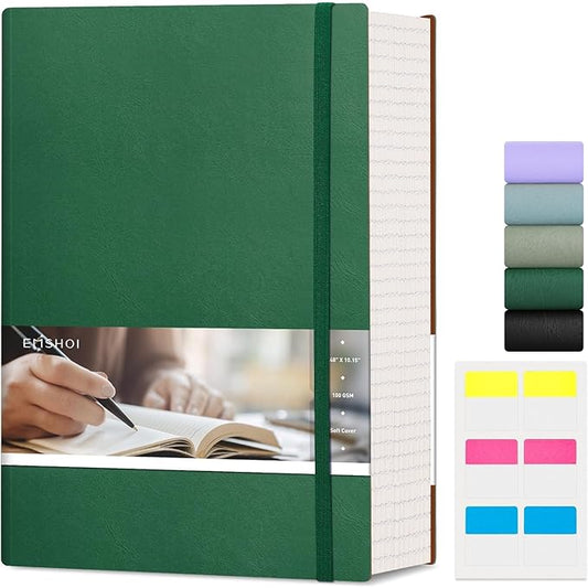 EMSHOI B5 College Ruled Notebook Journal- 400 Pages (200sheets), 7mm Spacing & Vegan Leather Cover for Work, School, Bible Study, Bullet Journaling- with Sticky Notes, Pocket & Pen Holder - Dark Green