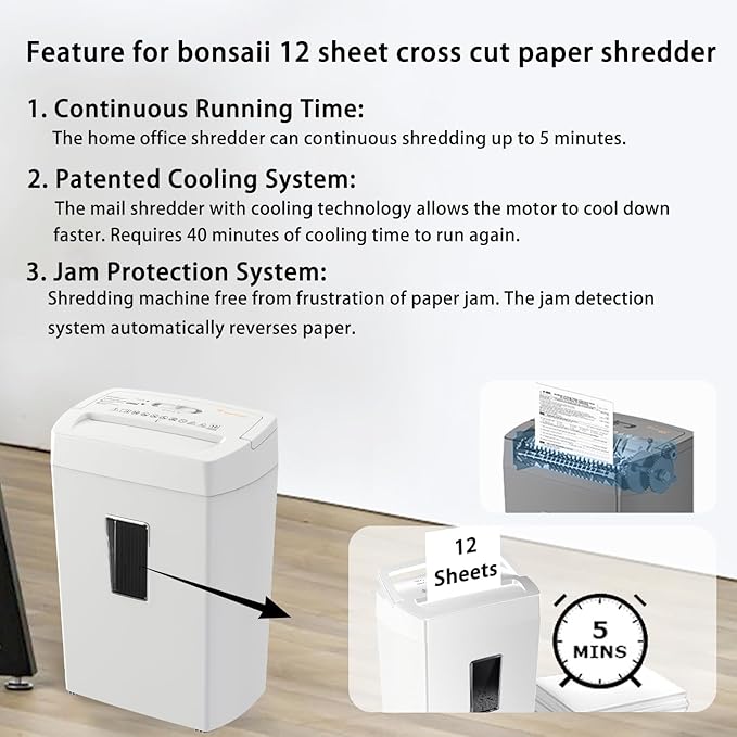 Bonsaii Heavy-Duty Cross-Cut Shredder, Handles up to 12 Sheets at Once, Providing P-4 high Security, Credit Cards, Mail & taples, 5.5-Gallon bin with a Transparent Window, Use in Home Offices, White
