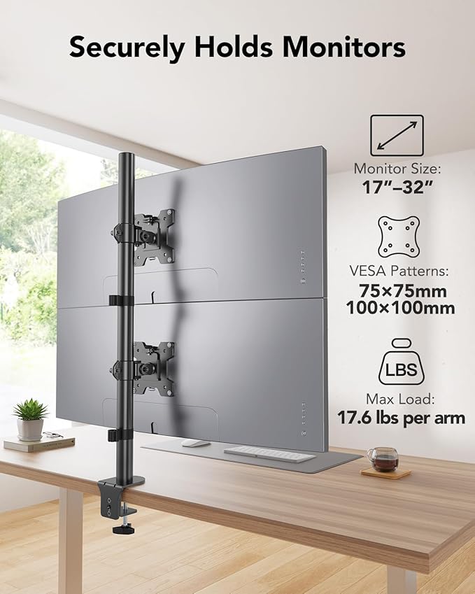 HUANUO Vertical Dual Monitor Mount, Stacked Monitor Stand for 2 Monitors with Height Adjustment Computer Monitor Arm Supports Two 17 to 32 Inch with C Clamp Each Desk Mount Hold up to 17.6lbs