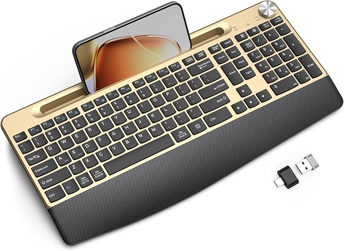 Ergonomic Wireless Keyboard with Wrist Rest-Low-Profile,Phone/Tablet Holder,Quiet Design，Windows & Mac OS，Full Size Cordless USB Computer Keyboard for Desktop,Laptop, PC, Mac, Windows-Gold