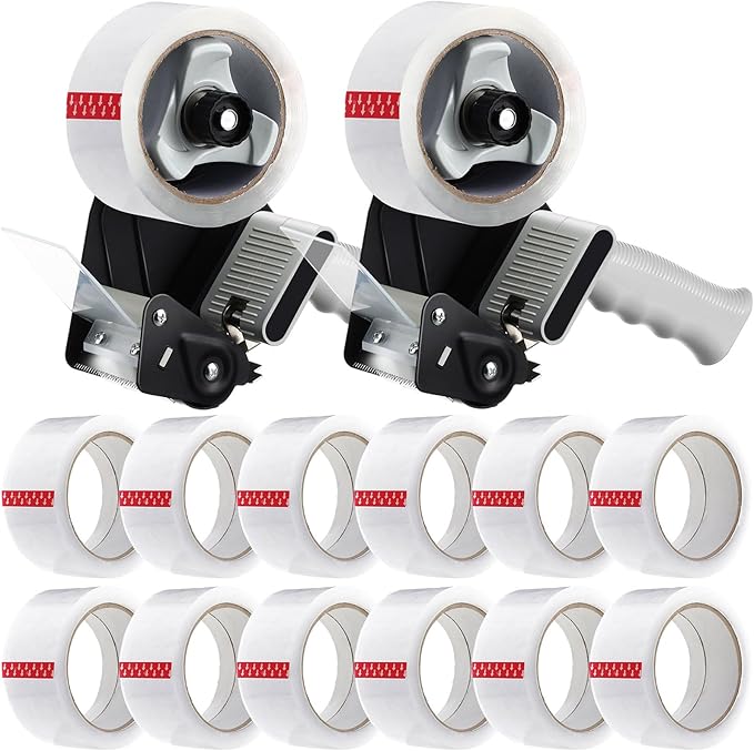 2 Pack Packing Tape Dispenser Gun with 12 Roll Packing Tape 2 Inch Gun 2.7 Mil Heavy Duty Packaging for Shipping, Moving, Carton and Box Sealing(Black)