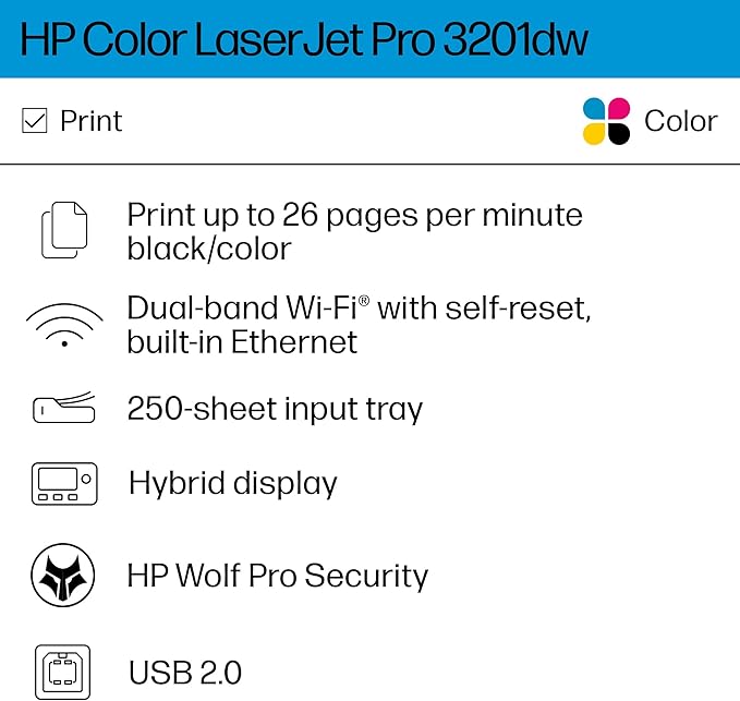 HP Color Laserjet Pro 3201dw Wireless Color Laser Printer, Office Printer, Duplex, Best-for-Office (499Q9F)
