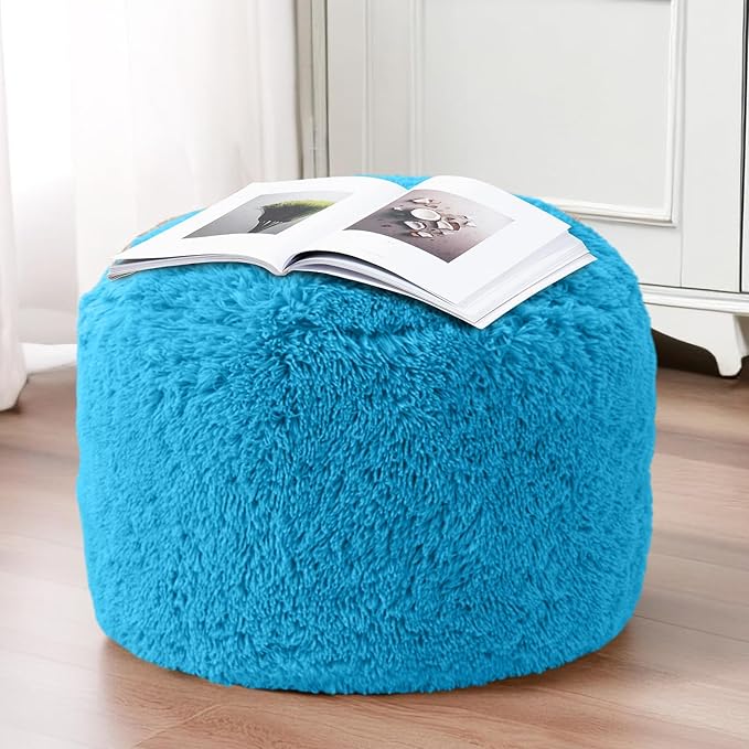 HIGOGOGO Round Stuffed Pouf Ottoman, Long Faux Fur Poufs with Foam Chunk Filling, Fluffy and Furry Pouf Foot Stool Storage Ottoman, 20 X 15 Floor Poufs Foot Rest for Living Room, Blue