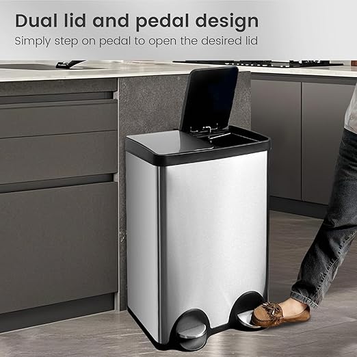 60 Liter (2x30L) 16 Gallon Dual Trash Can, Recycle Bins for Kitchen with 2 Compartments, Trash and Recycle Bin Combo, Soft Close Lid, Stainless Steel Trash Can