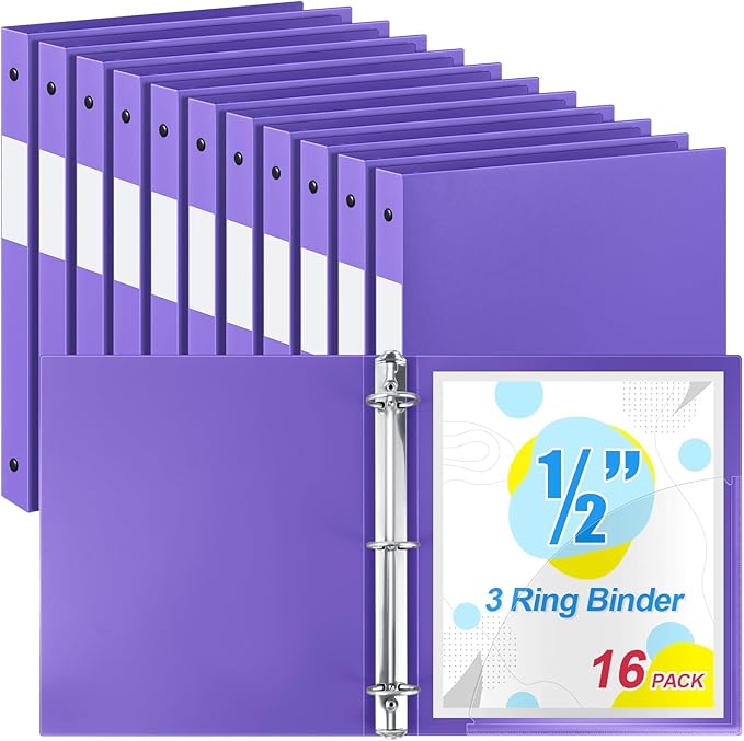 Henoyso 16 Pcs 3 Ring Binder 1/2'' Round Fits Letter Size 8. 5'' x 11'' Paper Plastic Flexible Binder Holds 100 Sheets with 1 Pockets Versatile Organizer for Office Home School (Purple)