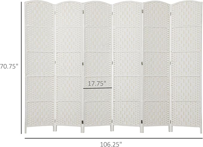 HOMCOM Room Divider, 6 Panel Folding Privacy Screen, 6FT Tall Portable Wicker Weave Partition Wall Divider for Bedroom, Home Office, White
