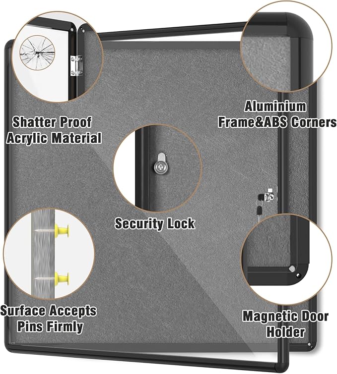 38"x38" Enclosed Bulletin Board, Lockable Weather-Resistant Aluminum Cork Noticeboard for School & Office, Black Frame w/Grey Flet