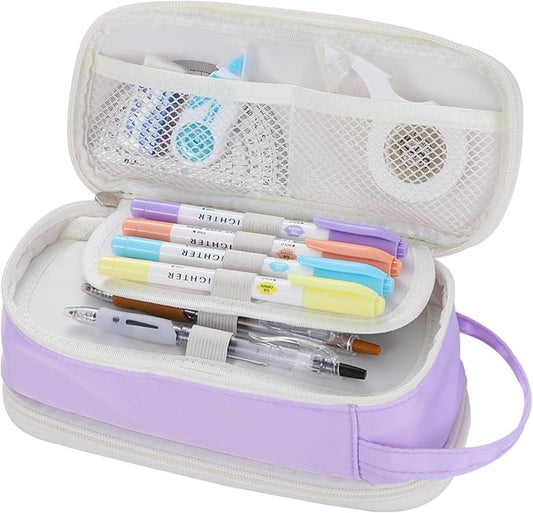 Dugio Big Pencil Case for Girls Teens Kids Zipper Pencil Pouch with Handle Organizer Pencil Bag Aesthetic Pencil Pen Case for School Purple