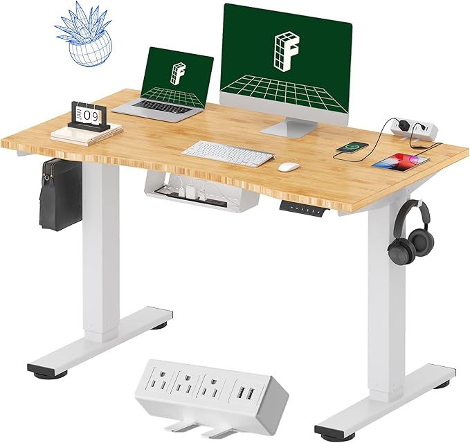 FLEXISPOT EN2 Whole-Piece Bamboo Standing Desk with Clamp Power Strip, 48 x 24 Electric Stand Up Height Adjustable Desk with Cable Management (White Frame + 48" Bamboo Top, 2 Packages)