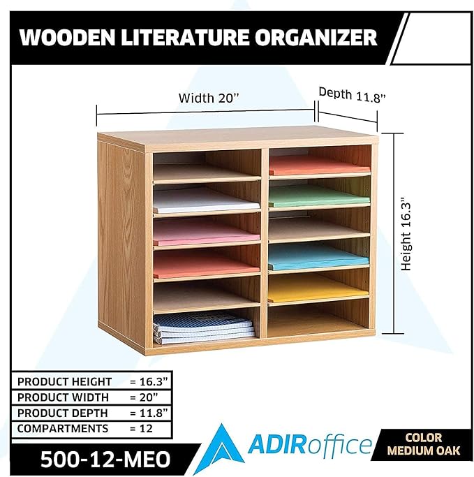 AdirOffice Wooden Adjustable Literature Organizer, 12 Compartment Office Mailbox, or Classroom Literature Organizer, Medium Oak