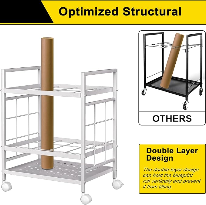 GIOTORENT Blueprint Storage Rack, Holder with Wheels, Map/Poster/Architectural Plan Storage, 12 Slots, 2 Brakes, Silent Wheels for Home, Office, School (White)