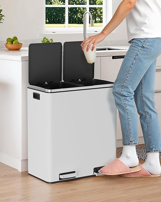Arlopu 16 GallonStainless Steel Trash Can, 60L Dual Compartment, Metal Kitchen Step Recycle Bin, Metal Double Dustbin, in-Home Garbage Rubbish Can W/Removable Liner Buckets (White)