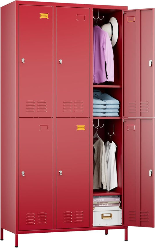 6 Doors Metal Locker with Business Card Holder and 18 Hooks,Metal Locker for Employees with Ventilation Holes for School Garage Office Gym Home,Assembly Required,Red