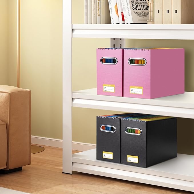 BALEINE File Organizer Box, Cardboard File Folder Organizer with Handle for Letter Size, Portable Collapsible Hanging Filing Box for Home Office Document Storage (4 Pack, Pink)