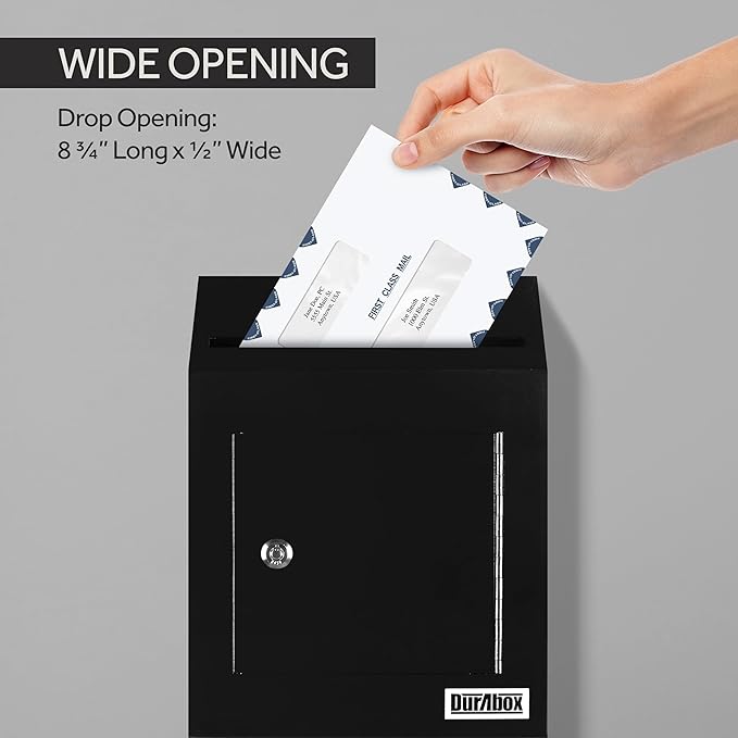 Drop Box Deposit Safe 10 x 4 x 16” Heavy Duty Steel with Slim Profile Wall Mailbox with Wide Deposit Slot for Letters, Documents Checks and Cash for Home, Office & Commercial (W300) (Black)