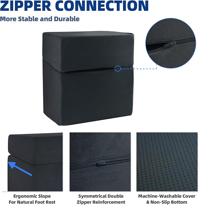 Adjustable Foot Rest for Under Desk at Work - 3-in-1 Ergonomic Foot Stool with Zipper Connection, 6.3"/11.8"/16" Height Adjustable for Office, Home & Gaming (Black)