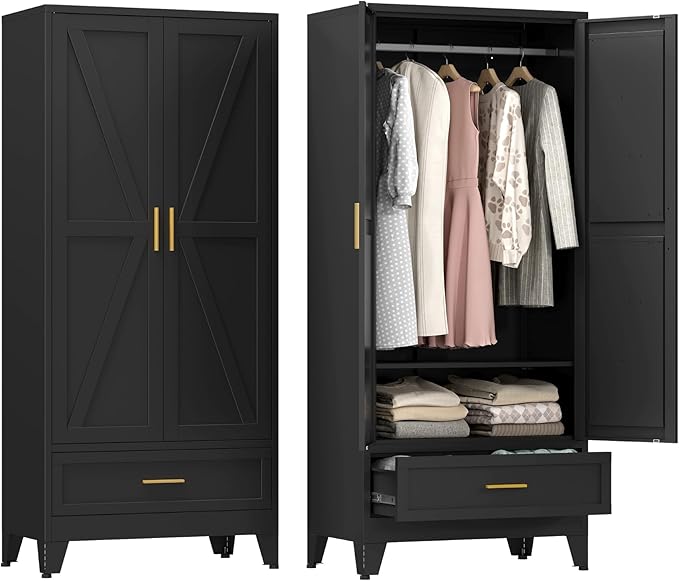 Farmhouse Wardrobe Cabinet with One Drawers,Metal Wardrobe Closet with Hanging Rod,Metal Armoire with Adjustable Shelves for Bedroom,Living Room, Cloak Room,Office (Blue)