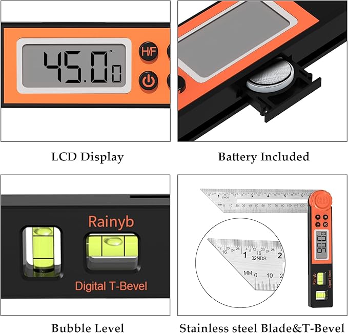 Digital Angle Finder Protractor 0-360 Degree T-Bevel Gauge & Protractor with Horizontal Vertical Bubble & Full LCD Display for Woodworking, Metalworking, Construction（7-Inch X 2Pcs）