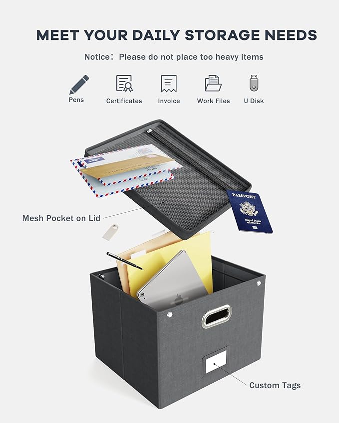 2 Pack File Organizer Box with Lid, Large Hanging Filing Box with Mesh Pocket, Document Organizer for Letter Files, Portable Storage Case for Office&Home (Dark grey)