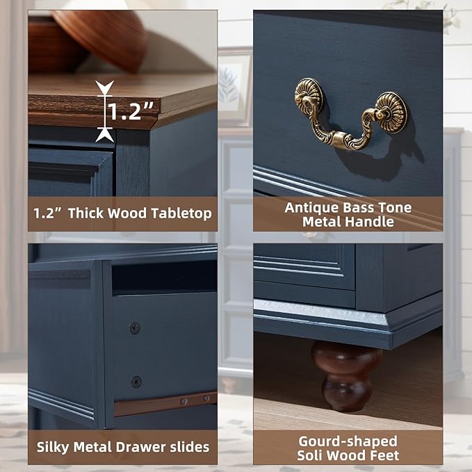 Farmhouse 5 Drawer Dresser Set of 2 for Bedroom, 45" Tall Rustic Chests of Drawers w/ 4 Solid Wood Feet, Mid Century Vintage Wooden Closet Storage Dressers Organizer for Living Room, Navy Blue