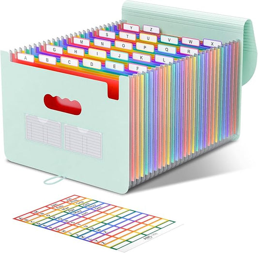 ABC life 26 Pockets Accordian File Organizer Expanding File Folders, Portable Letter A4 Size Filing Box,Plastic Monthly Receipt Document Organizer with Colored Tabs (Sage Green)