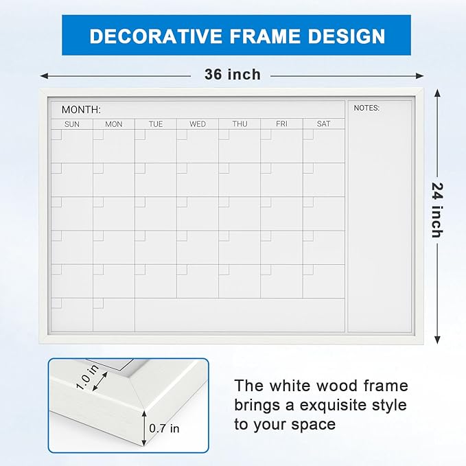 Comix Dry Erase Calendar Whiteboard for Wall,Magnetic Dry Erase White Board with White Wood Frame, 36 * 24 inches Decorative Planner Board for Office, Kitchen, School, Home