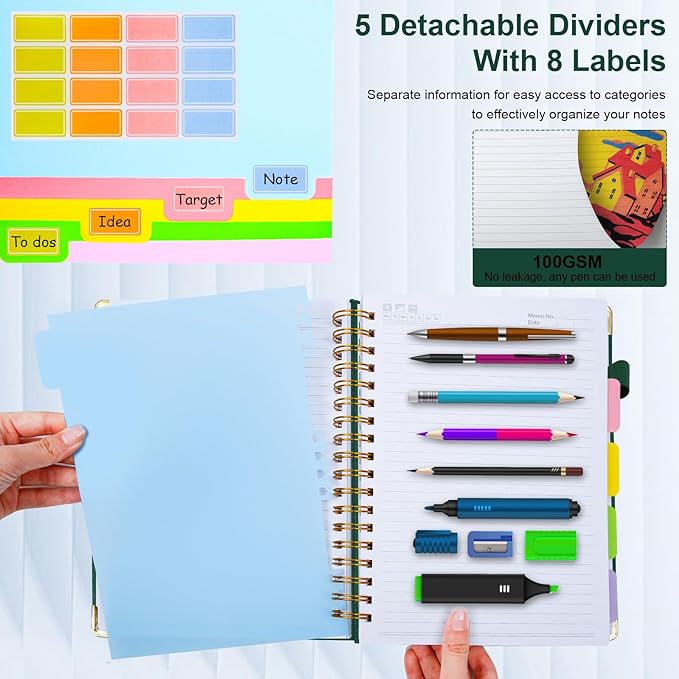 Hardcover Spiral Notebook 8"x10" Journal Notebook with Tabs and Removable Dividers 300 Pages 5 Subject Notebook College Ruled, Faux Leather Spiral Bound Notebook for Women, Students, School Work (Green)