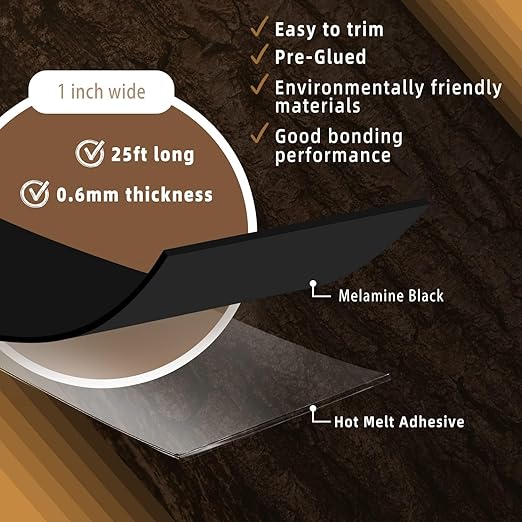 GSCIT Club Black Edge Banding, 1 inch x 25ft Melamine Edge Banding with Hot Melt Adhesive Preglued Cabinet Edge Banding Flexible Black Veneer Edging