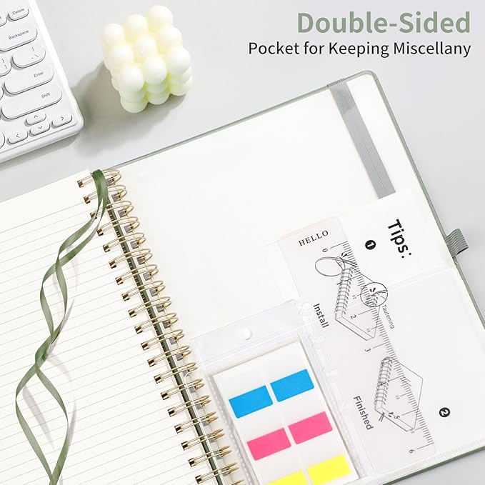 EMSHOI Spiral Notebook College Ruled, 300 Numbered Pages, B5 Large Hardcover Leather, 100 GSM Thick Lined Journal for Women Men Work Writing Journaling Note Taking, 7.48" x 10.15", Light Green