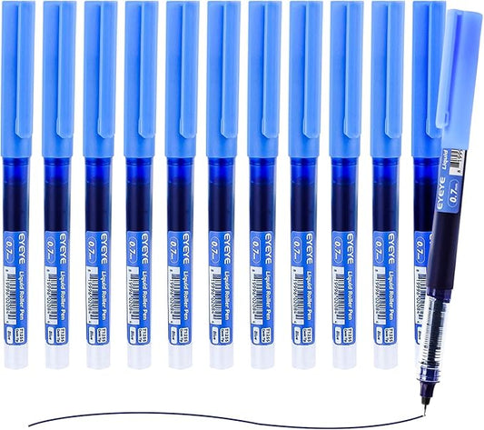 EYEYE Liquid Ink Rollerball Pens 12 Pack, 0.7mm Fine Point Roller Ball Pens Quick Dry, Blue Ink Pens Fine Point Smooth Writing Pens for Journaling, Note Taking, Office and School Supplies