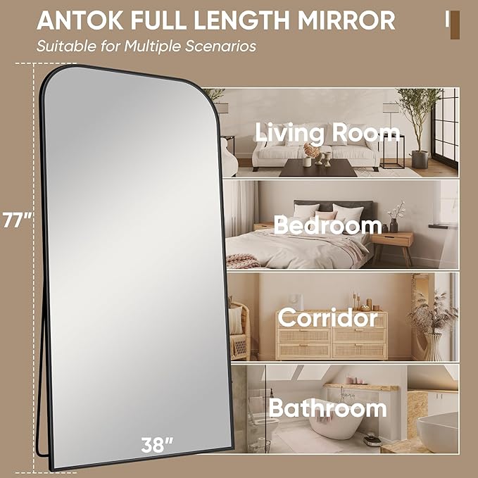 Antok Full Length Mirror, 78"x38" Floor Mirror Freestanding, Arched Floor Standing Large Full Body Mirror with Stand for Bedroom, Hanging Mounted for Living Room, Black