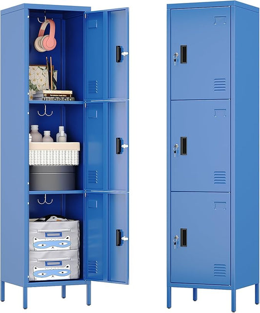 Aobabo 16" W 3 Door Metal Storage Locker with Lock, 66" H Steel Locker with Name Card Holder and Metal Leg for School, Home, Office, Playroom, Assembly Required, Blue