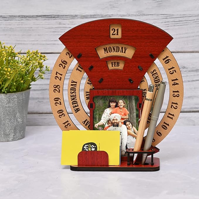 GKD Wooden Desk/Table Calendar to Lifetime Infinite Calendar 2025 with Desk Organizer and Photo Frame for Office/Home (‎Red)