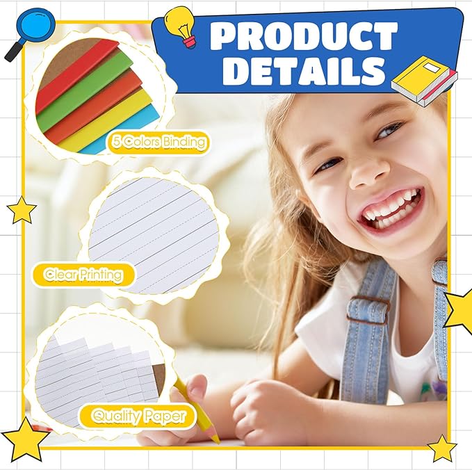 Henoyso 5 Pcs Primary Composition Notebook 9 3/4 x 7 1/2 Inch Kids Journal, Back to School Supplies, K-2 Primary Writing Notebook for Kids Student Draw and Write Story Journal (Bright Color)